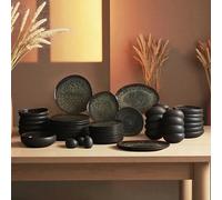 Karaca 55-Piece Stoneware Crockery Set for 12 People, Multicoloured Plate Set, Dishwasher Tableware Set, Earth Collection with Galactic Reactive Glaze, Black