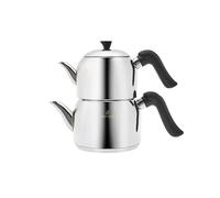 Karaca Edana Stainless Steel Tea Pot (Teapot with Lid 1.35 L & Tea Kettle 1.95 L) - Induction Turkish Teapot Set - Non-Burning Bakelite Handles Midi Tea Maker