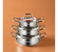 Karaca Emirgan 6-Piece Sahan Steel Pot Set, Cookware Set, Stainless Steel, Suitable for Induction Cookers, with Glass Lid and Stainless Steel Pot Set