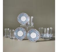KARACA Emirgan Turkish Tea Glass Set, 12 Piece, 130ml, Multi | Six clear 130ml glasses pair with six patterned bone china saucers for six.