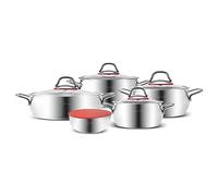 Karaca Emirgan XL Stainless Steel Induction Cookware Set, Pot and Pan Sets with Container, 10 Piece, Silver Red