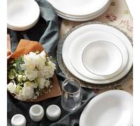 Karaca Fame 58-Piece Dinner Set for 12 People, White Fine Pearl Dinnerware Sets, Luxury Plate Set with Silver Rim Design