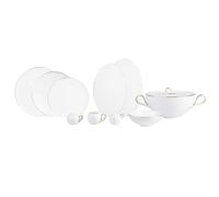 Karaca Fine Pearl Chanak Gold Table Service Set -62- Pieces for 12 People, 12 Person Dinner Set 62-Piece Tableware Set for 12 People with Soup Plate Cake Plate White Color