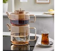Karaca Flat Borosilicate Glass Teapot Amber - Dual-Chamber 1.1 L / 1.8 L, Heat-Resistant & Dishwasher Safe