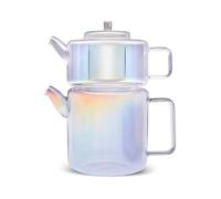 Karaca Flat Borosilicate Luster Glass Teapot - Multi/Luster Finish, 1.1 L / 1.8 L Dual Capacity, Heat-Resistant