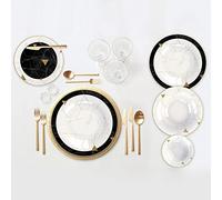 Karaca Gem Porcelain Dinner Set for 6 People - 24-Piece Crockery Set with Plates and Bowls Set, Round Dinnerware Set & Black Gold Dinner Set