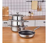 Karaca Guardian 7-Piece Stainless Steel Induction Cookware Set with Lids, Induction Suitable Pots Set, Dishwasher Safe, Silver Pots & Pans, Glass Lid