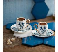 KARACA Iznik Turkish Coffee Cup Set for 2 People - 4 Piece Cups with Saucers - Small Porcelain Espresso Set - Ideal for Serving Greek, Arabic Coffee (80 ml)