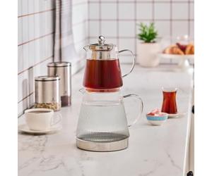 Karaca Keops Borosilicate Glass Teapot with Infuser - Transparent Tea Pot Turkish Tea Maker for Loose Leaf, Herbal Tea - Tea Kettle (1500 ml) & Teapot-Lid with Removable Strainer (450 ml)