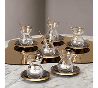Karaca Laçin 18-Piece Tea Set for 6 People, 18-Piece Tea Set - Elegant Tea Enjoyment in Gold and White Tea Set, Turkish Tea Glasses