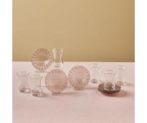 Karaca Luna 12-Piece Turkish Tea Glasses for 6 People, 130ml Glass Tea Cups with Elegant Light Brown Glass Saucers