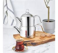 Karaca Manes Medium Turkish Teapot Set - Stainless Steel Teapot with Lid - (Turkish Tea Pot 1.35 Liters & Water Tank 1.95 Liters) - Non-Burning Bakelite Handles Midi Tea Maker & Induction Tea Kettle