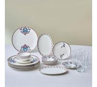 Karaca Nakkas 26-Piece Breakfast Service for 6 People, Traditional Turkish Blue White Bone China Tea Cups Saucers Jam Plates Bowls Set, Luxury Elegant Brunch Ceramic Tableware Kit, Dishwasher Safe