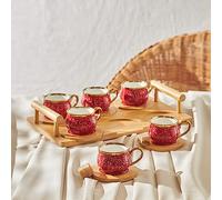 Karaca New Generation Bone Espresso Turkish Coffee Cup Set with Bamboo Tray for 6 People, 12 Piece, 90ml, Red Multi