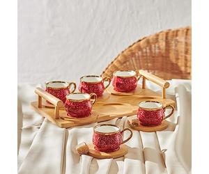 Karaca New Generation Bone Espresso Turkish Coffee Cup Set with Bamboo Tray for 6 People, 12 Piece, 90ml, Red Multi