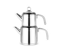 Karaca New Mani Turkish Teapot Set - Stainless Steel Teapot with Lid - (Turkish Tea Pot 1 Liters & Water Tank 2 Liters) - Midi Tea Maker & Induction Tea Kettle, Silver