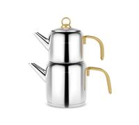 Karaca New Mira Turkish Teapot Set - Stainless Steel Teapot with Lid - (Turkish Tea Pot 1 Liters & Water Tank 2 Liters) - Midi Tea Maker & Induction Tea Kettle, Gold