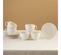 Karaca Nora Embossed 12-Piece Bone China Tea Cup And Saucer Set For 6 People, 220Ml, White