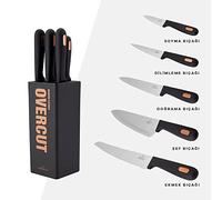 Karaca Overcut 6-Piece Black Knife Set with Block, Stainless Steel Kitchen Knives Sets with Ergonomic Handles, Includes Chef's, Carving, Bread, Utility, Paring Knives & Stand