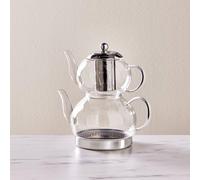 Karaca Pandora Borosilicate Glass Teapot Set with Stainless Steel Infuser, 2L Kettle & 1L Glass Teapot with Strainer, Turkish Tea Pot, Caydanlik, Turkish Tea Maker for Herbal Tea, Loose Tea