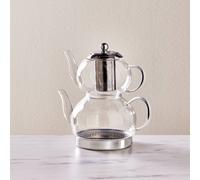 Karaca Pandora Borosilicate Glass Teapot Set with Stainless Steel Infuser, 2L Kettle & 1L Glass Teapot with Strainer, Turkish Tea Pot, Caydanlik, Turkish Tea Maker for Herbal Tea, Loose Tea