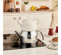 Karaca Pocelinox Porcelain & Stainless Steel Teapot Set, 2-Piece Turkish Tea Maker (3L Capacity) - 18/10 Grade 304 Steel & Fine Porcelain - Induction Compatible & Dishwasher Safe - Glass Lid