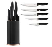Karaca Proofcut 6-Piece Black Knife Set with Block, Stainless Steel Kitchen Knives Sets with Ergonomic Handles, Includes Chef's, Carving, Bread, Utility, Paring Knives & Rubber Stand