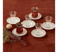 KARACA Retro Beige Tea Set for 6 People, Tea Service, 6 Turkish Tea Glasses with Saucers, 12 Pcs, Turkish Tea, Glass, Tea Plates