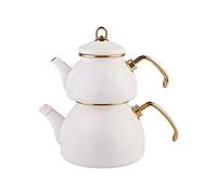 Karaca Retro Enamel Teapot Set, Titanium, Tea Infuser 1.1 L - 2.4 lb, Water Pot 2.3 L - 5.1 lb, Cream, Suitable for Induction, Kettle, Turkish Tea Kettle