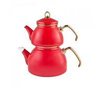 Karaca Retro Enamel Teapot Set, Titanium, Tea Infuser 1.1 L - 2.4 lb, Water Pot 2.3 L - 5.1 lb, Red, Suitable for Induction, Tea Maker, Kettle, Turkish Tea Kettle, Tea Maker