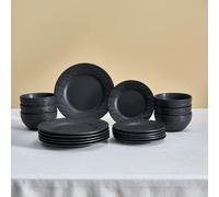 Karaca Solem Embossed 18-Piece Stoneware Dinner Set for 6 People, Dishwasher Safe, Microwave Safe, Dinner Plate, Side Plate, Soup Bowl, Black