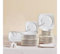 Karaca Autumn Bone China Dinner Set - 53-Piece Square Dinnerware for 12 People, Dinner Plate Set with Pasta Bowls, Dessert Plates, Small Serving Plates and Soup Bowl - White