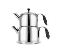 Karaca Stella Stainless Steel Turkish Teapot Set, 1L Turkish Tea Pot & 2L Water Tank, Silver Caydanlik, Induction Hob Compatible