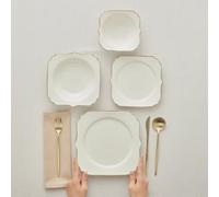 Karaca Stream Bone China Vintage 24-Piece Dinner Set for 6 People - Elegant Gold Accents, Premium Bone China Tableware