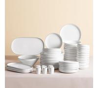 Karaca Streamline New Saturn 59-Piece New Generation Bone China Dinner Set for 12 People, Dinner Plates, Pasta Bowls, Side Plates, Soup Bowls, Serving Platters, Salad Bowl, Shakers, White Platinum