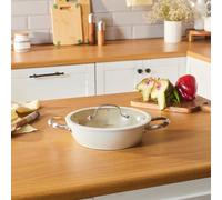 Karaca Swiss Crystal Almond Cream Non-Stick Induction Stainless Steel Handle Shallow Casserole & Lid, 26Cm, Cream