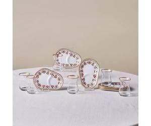 Karaca Tulip 12-Piece Turkish Tea Glasses Set for 6 People, 132ml, Glass Tea Cups with Multi-Coloured Saucers, Traditional & Modern Design