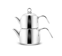 Karaca Urban Midi Turkish Teapot Set 18/10 Stainless Steel Silver, 1.9L Kettle and 1.3L Double Tea Maker, Induction Hob Compatible Caydanlik, Modern Traditional Stove Top Cookware, Dishwasher Safe