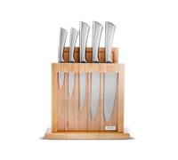 Karaca Vigor 7-Piece Stainless Steel Knife Set with Block & Cutting Board, Silver Kitchen Knives Sets with Ergonomic Handles, Includes Chef's, Slicer, Bonning, Utility, Paring Knives & Bamboo Stand