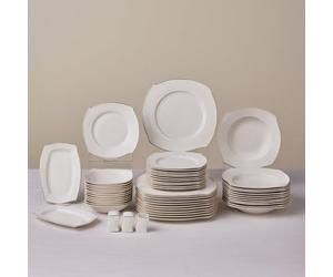 Karaca Wave Square Bone China - 53-Piece White Dinner Plate Set for 12 People, Modern Plates and Bowls Set, Dinnerware Sets with Square Dinner, Dessert, Side Plates & Pasta Bowls - Gold Detailing