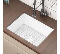 KARAMAG 24 x 19 Inch Undermount or Drop In Kitchen Sink White Fireclay single bowl, Dual mount for Small Space with Drainboard & Strainer