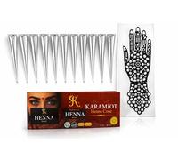 Karamjot Henna 12 Pack And Stencil Kit Natural Henna Mehndi Cones for Temporary Tattoos | Premium Ready-to-Use Paste for Festivals, UK Compliant (M, 12, count)