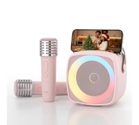 Karaoke Machine 2 Microphones for Boys Girls, Wireless Portable Bluetooth Speaker with Dynamic Lights for Kids Adults Mini Voice Changer Mic Speaker Set with Phone Holder for Home Party(Pink)