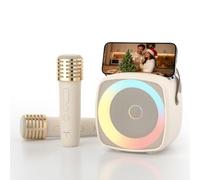 Karaoke Machine 2 Microphones for Boys Girls, Wireless Portable Bluetooth Speaker with Dynamic Lights for Kids Adults Mini Voice Changer Mic Speaker Set with Phone Holder for Home Party(White)
