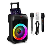 Karaoke Machine for Adults with 2 Microphones(1 Wired & 1 Wireless), Hukkmela Portable Bluetooth Speaker with Microphone, Bass/Treble Adjustment, TWS Mode, PA System, LED Lights for Home Party