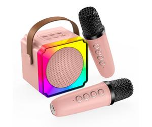 Karaoke Machine for Kids by MMOBIEL - Mini Karaoke, Portable Bluetooth Speaker, 2 Wireless Microphones, Adjustable LED-lights, Voice Changer - Party, Birthday Gift for Kids, Girls, Boys, Age 3+, Pink