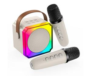 Karaoke Machine for Kids by MMOBIEL - Mini Karaoke, Portable Bluetooth Speaker, 2 Wireless Microphones, Adjustable LED-lights, Voice Changer - Party, Birthday Gift for Kids, Girls, Boys, Age 3+, Beige