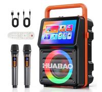 Karaoke Machine with 10.1” Built-in Screen, Bluetooth Speaker with Lyrics Display, Wireless Screen Mirroring for iOS & Android, PA System with Lights, 2 Rechargeable Mics, 5400mAh, Perfect for Parties