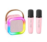 Karaoke Machine with 2 Wireless Microphones for Kids & Adults, Portable Bluetooth Karaoke Speaker, Supports TF (MicroSD) Card, Home Singing System with LED Lights (Pink)