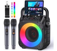 Karaoke Machine with Two Wireless Microphones, Portable Karaoke Machine for Adults & Kids, Portable Bluetooth Speaker with PA System, LED Lights, Supports TF Card/USB, AUX in, FM, USB,TWS (Black)